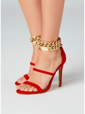 Red High Heel Sandals With Gold Chain Ankle Strap & Back Zipper Elegant Party Sh